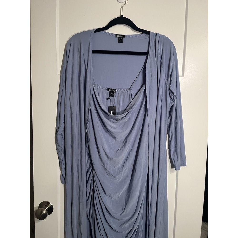 Boohoo Maternity 2 Piece Dusty Blue Cowl Neck Mini Dress Long Duster Set US 12